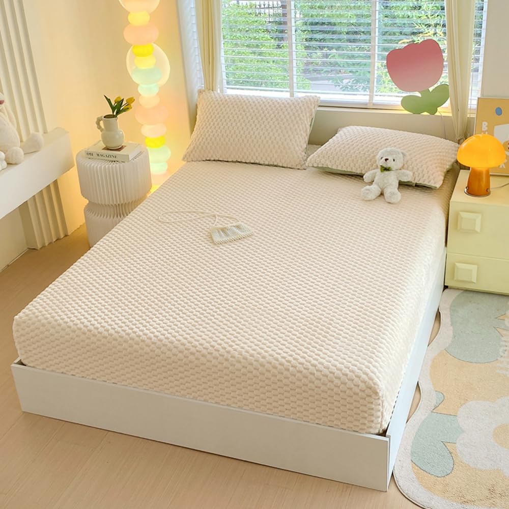 ZIQINPSQ Cozy Fleece Fitted Sheet Full Size - Ultra Soft Fuzzy Bed Sheets for Winter, Deep Pocket 15'' Velvet Plush Bottom Sheet Only (Anti-Static & Warm), Off White