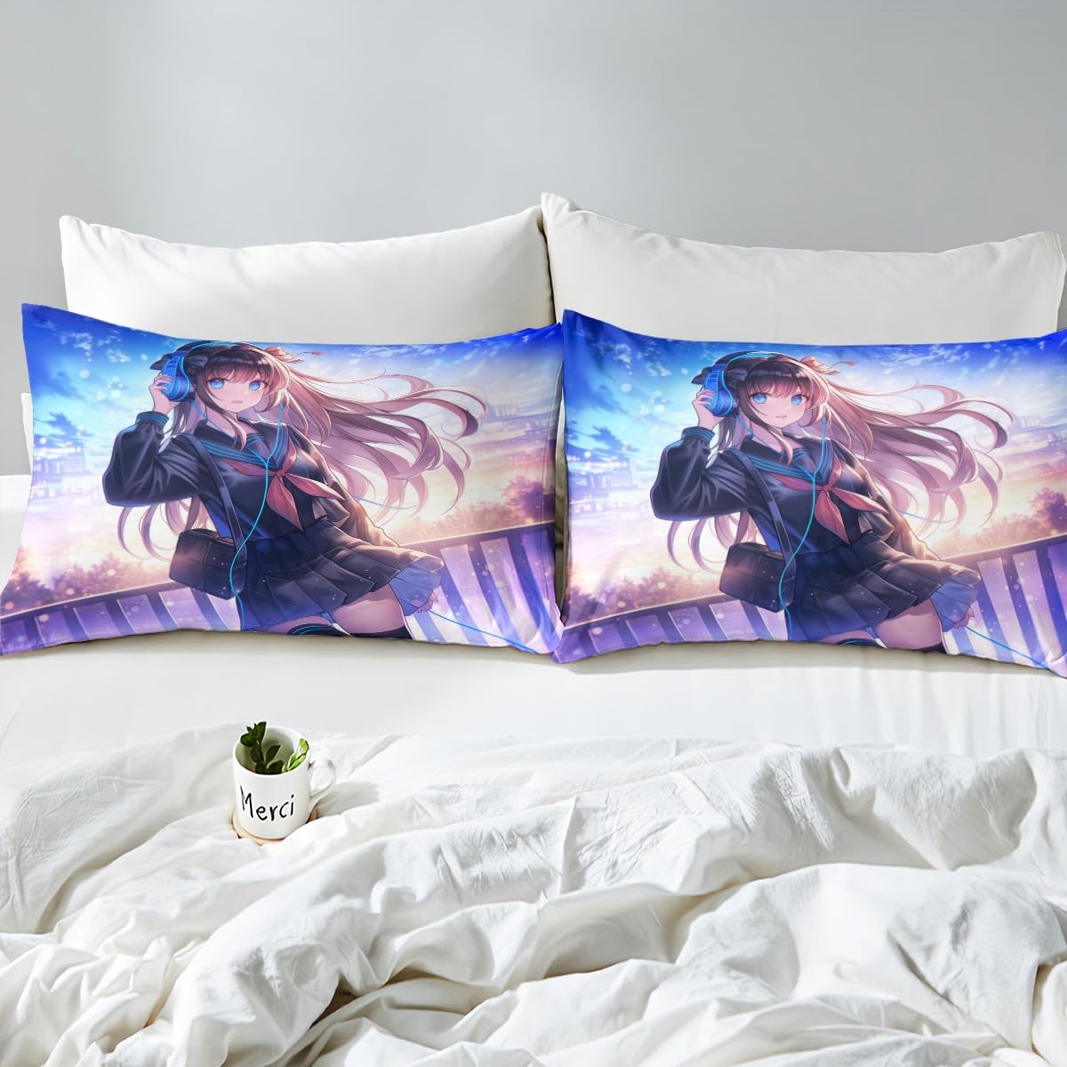 Erosebridal Anime Girl Bed Sheets Queen Size, Japanese Anime Fitted Sheet Top for Kids Boys Teens Bedroom Decor, Cartoon Girl Sheet Set Kawaii Japanese Animation Bedding Set with 2 Pillow Cases