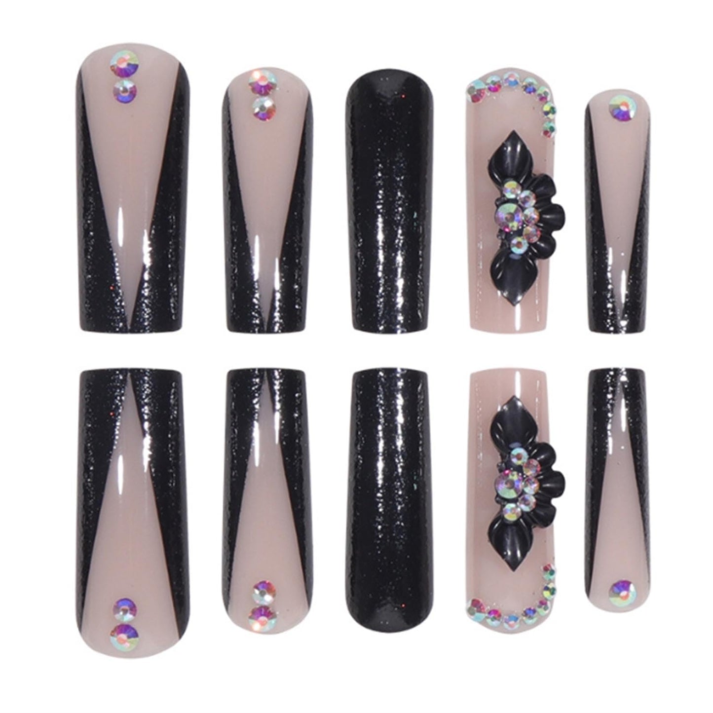 YoYoee Long Full Cover Nails Tips Luxury Black False Nails Square Press on Nails French Fake Nails for Women and Girls 24PCS