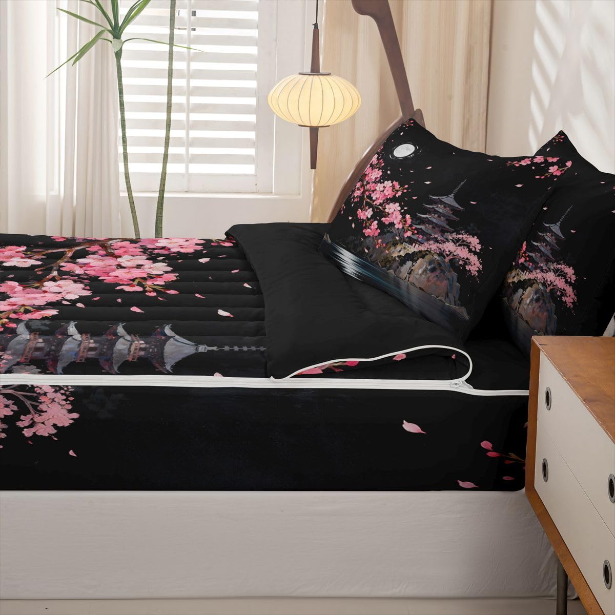 jejeloiu Japanese Style Building View Zipper Bedding Twin Pink Cherry Zipper Bedding Sets for Kids Boys Girls Night Moon Comforter Set with Fitted Sheet and 2 Pillowcases Romantic Exotic Bedroom Decor
