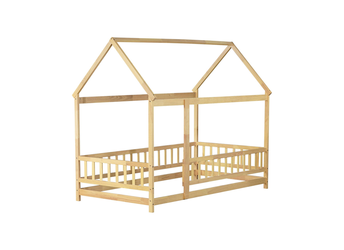 PVWIIK Twin Montessori Floor Bed with High Rails & Roof for Kids Bedroom,High Rails Bed Frame with Fence,No Box Spring Needed, Natural