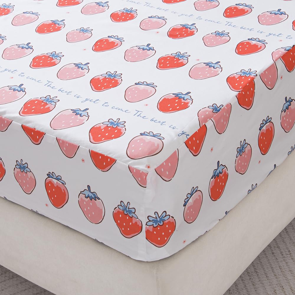 NATURETY Bedding Fitted Sheet with Deep Pocket,Cute Fruit Printed Fabric Bed Sheets (Pink Strawberry, Twin)