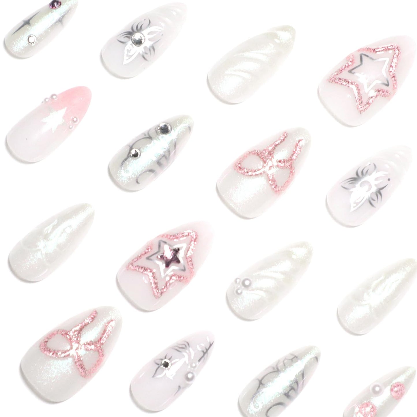 IMSOHOT Chrome Press on Nails Medium Almond Fake Nails with Pink Star Bow Designs Glossy Gel Handmade Acrylic Nail Supplies Full Cover Cute Artificial Glitter Stick on Nails
