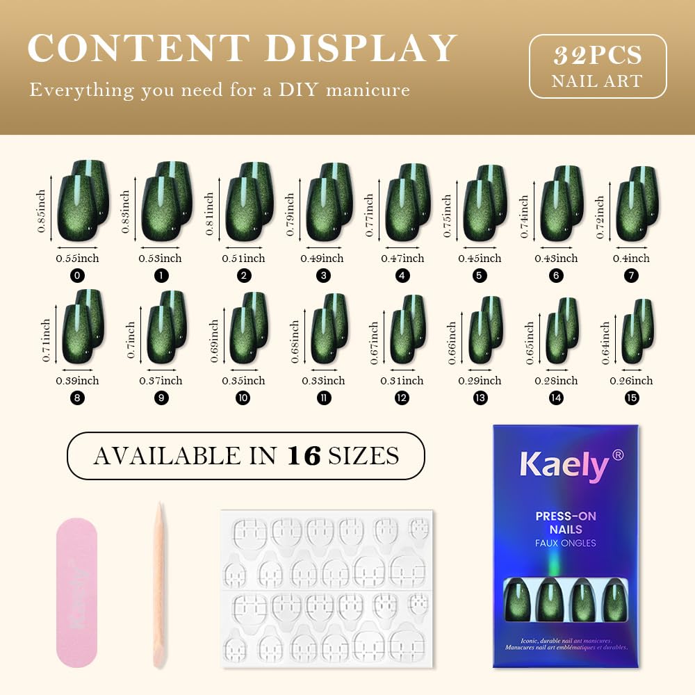 evpct Emerald Green Cat Eye Coffin Press on Nails Medium Square No Glue, Medium Square Stick on Nail for Women, Green Metallic Glitter Glossy Reusable Soft Press on Acrylic Fake Nail with Designs