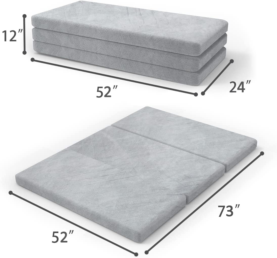 SINWEEK 3.95" Full Memory Foam Folding Topper with Storage Bag - Foldable Trifold Floor Mat Topper, CertiPUR-US Certified Guest Sleeping Pad, Machine Washable Cover