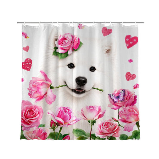Wordatu Spring Summer Samoyed Rose Shower Curtain, Bathroom Decor Fabric Polyester Waterproof 12 Hooks 72Wx72H Inch for Bathtub and Bathroom