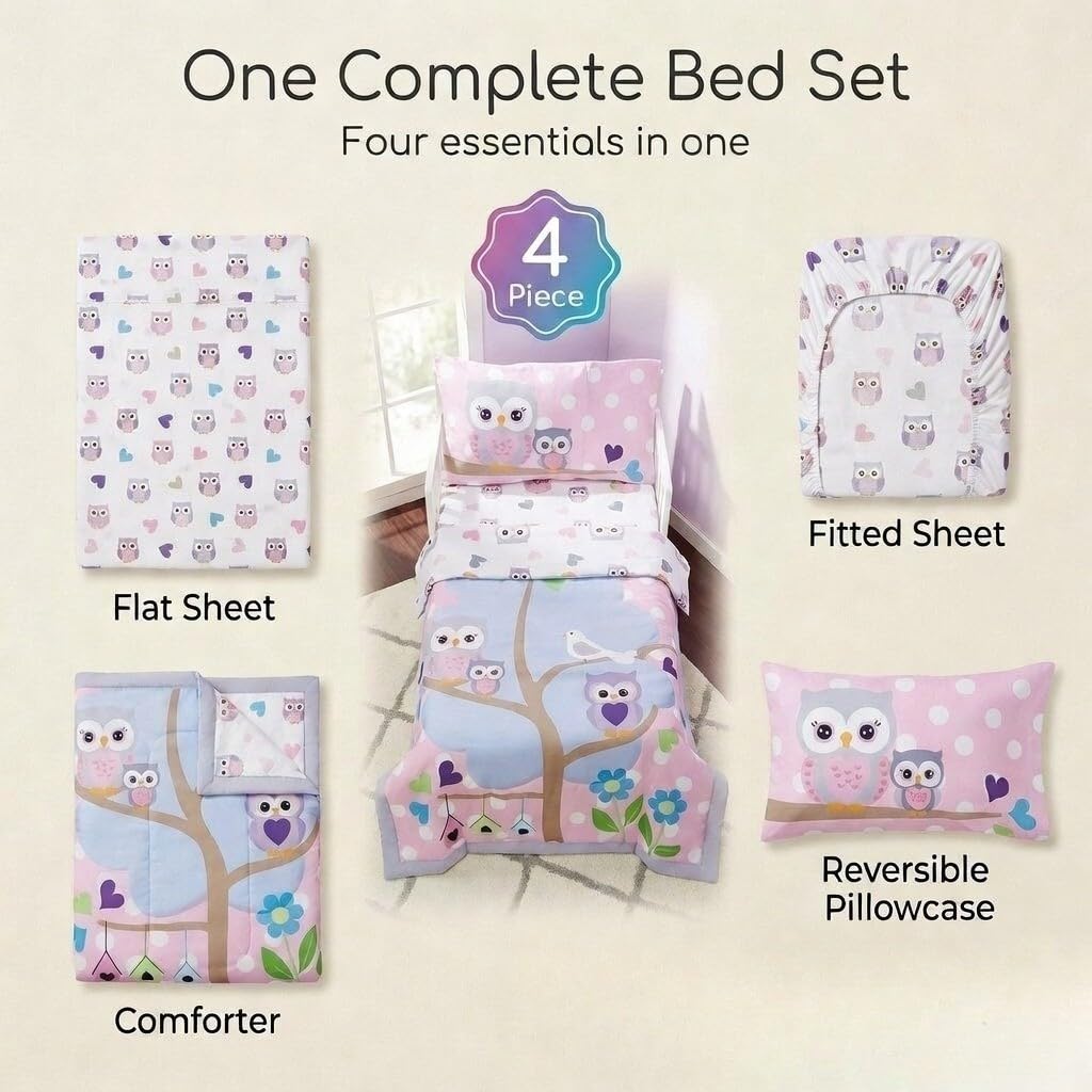 EVERYDAY KIDS 4 Piece Toddler Bedding Set - Owls - Soft 100% Cotton Percale - Includes Comforter, Flat Sheet, Fitted Sheet and Reversible Pillowcase