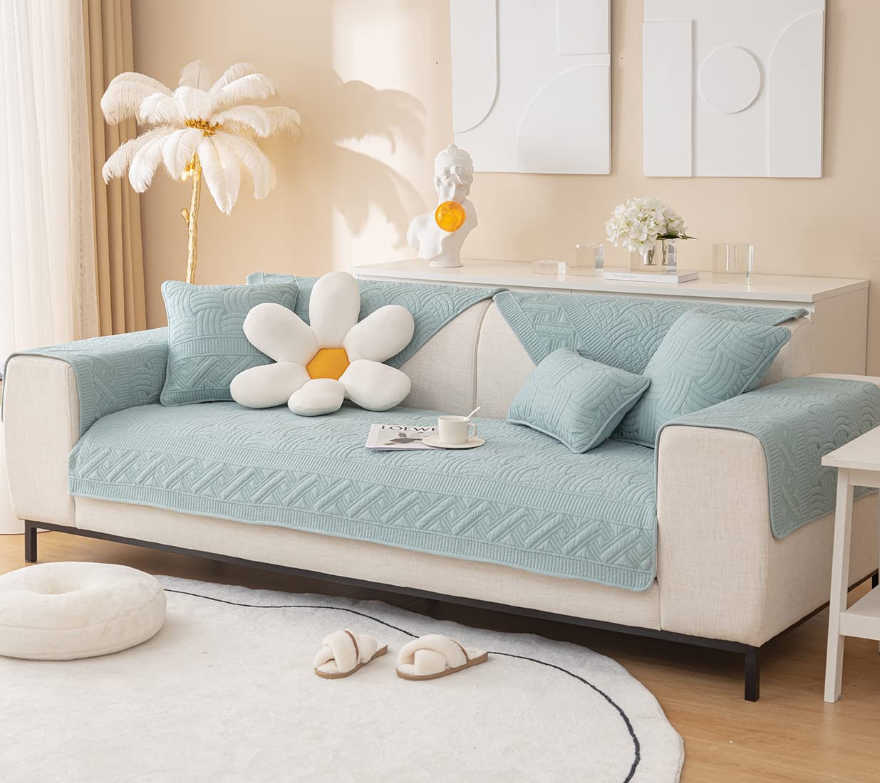 XSlive Farmhouse Cotton Quilted Sofa Cover Weave Pattern Embroidery Sectional Couch Cover Soft Nonslip Sofa Slipcover Furniture Protector Cover for Pets Kids Children Dog Cat (Light Blue,28"x28")
