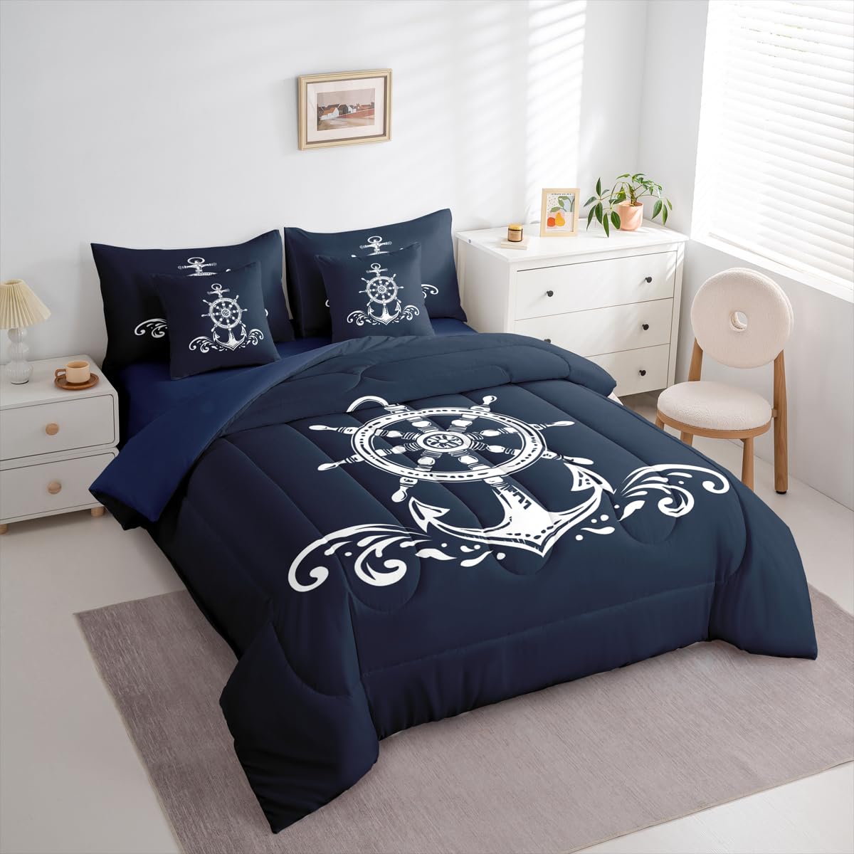 Erosebridal Nautical Anchor 7 Pcs Comforter Set Twin Size Ocean Sailboat Bedding Sets for Kids Boys Teens Adult Navy Blue Ocean Theme Bed in A Bag Coastal Compass Sheet Set