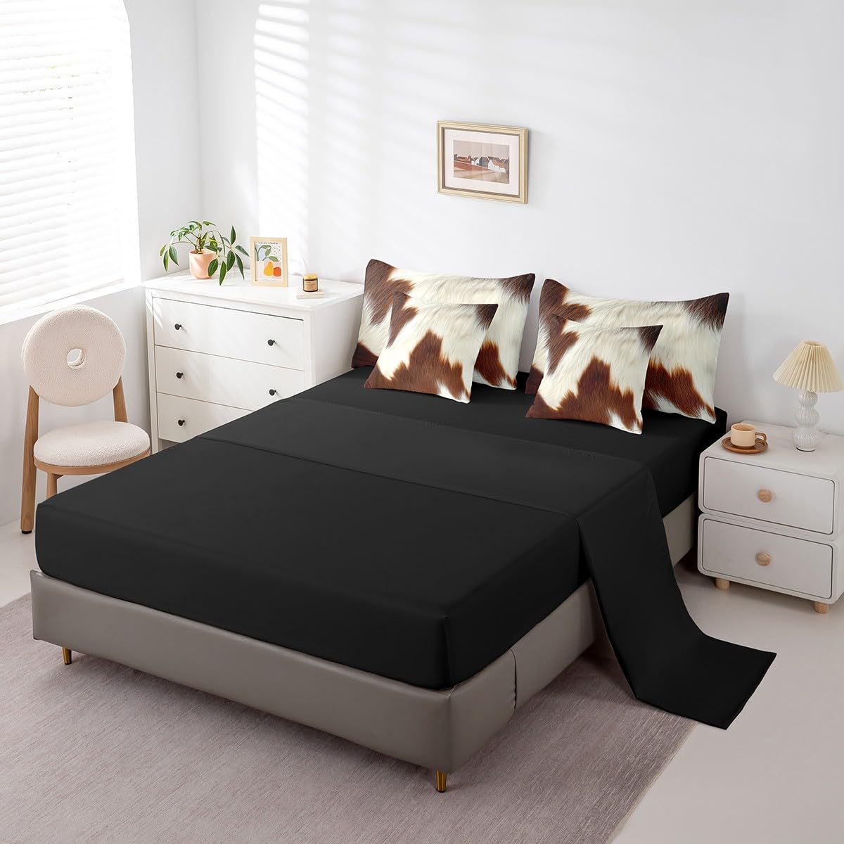 Erosebridal Brown Cowhide Teens Comforter Set 7 Piece Cute Cow Print Bedding Set King Size Western Cowboy Bed in A Bag for Kids Boys Adult Bedroom Animal Fur Country Sheets