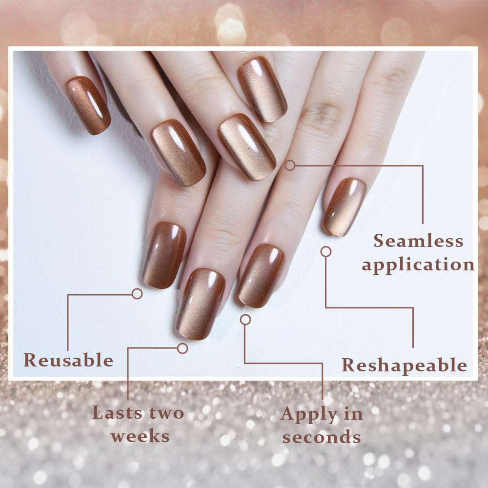 Nude Brown Cat Eye Press on Nails Medium Square, Medium Square Press Stick on Nails Chrome for Women Gift, Brown Holographic Glitter Glossy Reusable Soft Acrylic Fake Nail with Design Cateye Effect