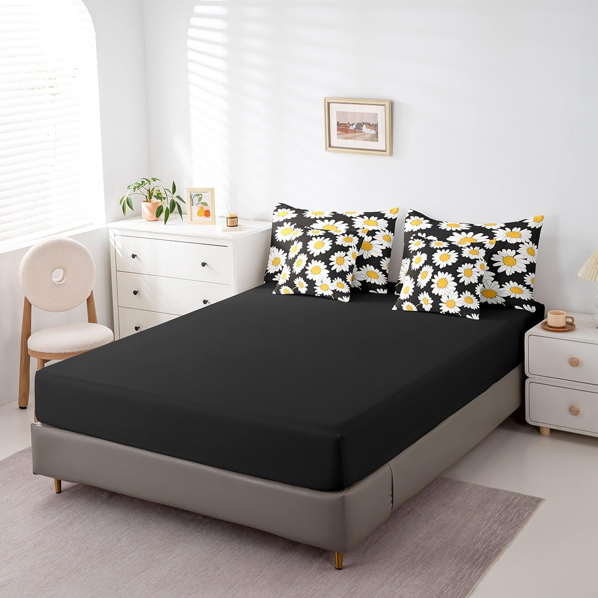 Erosebridal Daisy Floral Comforter Set 7 Piece Bed in a Bag Twin,Fashion Flowers Bedding Sets Abstract Blossom Theme Comforter and Sheet Set,Rustic Aesthetic Plant Bed Set