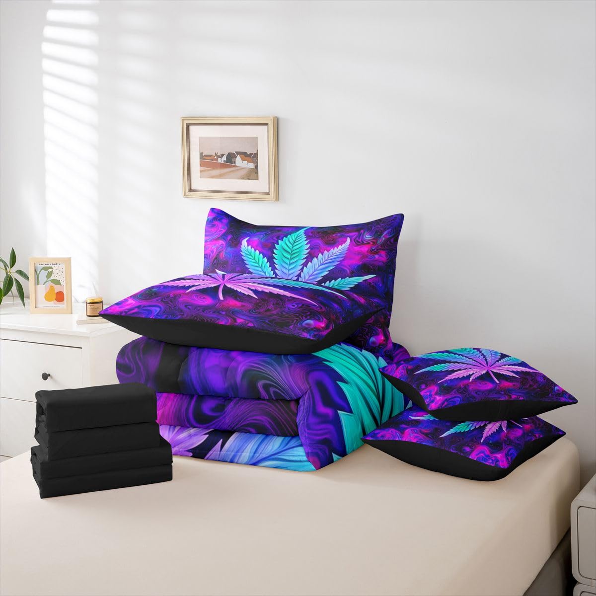 Erosebridal Purple Black Queen Size Comforter Set,Hippie Leaf 7-Piece Bed in A Bag,Leaves Galaxy Sheets and Pillowcases,Botanical Weed Bedding Set Room Decor
