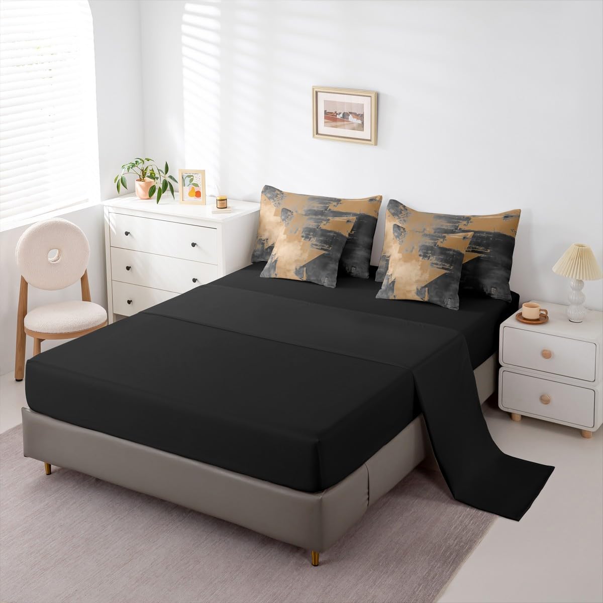 Feelyou Abstract Comforter Set With Sheets 7 Piece King Size Modern Abstract Art Bed in a Bag Kids Boys Girls Luxury Bedding Set Geometric Bedroom Decor Brownish Breathable Soft Lightweight Microfiber