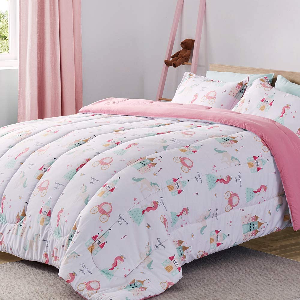 SLEEP ZONE Kids Twin Bedding Comforter Set - Super Cute & Soft Kids Bedding Bed in a Bag 5 Pieces Set with Comforter, Sheet, Pillowcase & Sham (Princess Castle)