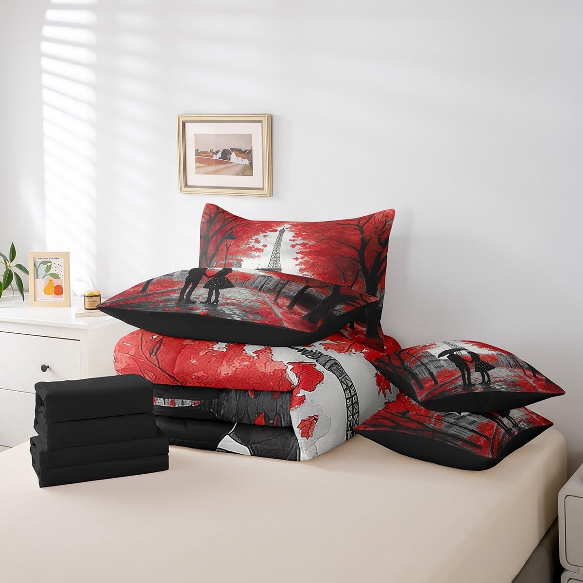 Erosebridal Romantic Valentine's Day Full 7 Piece Bedding Set for Adults Men Women Room Decor,Eiffel Towel Comforter Set France Paris Couple Bed in A Bag Maple Trees Leaves Sheet Set with Comforter