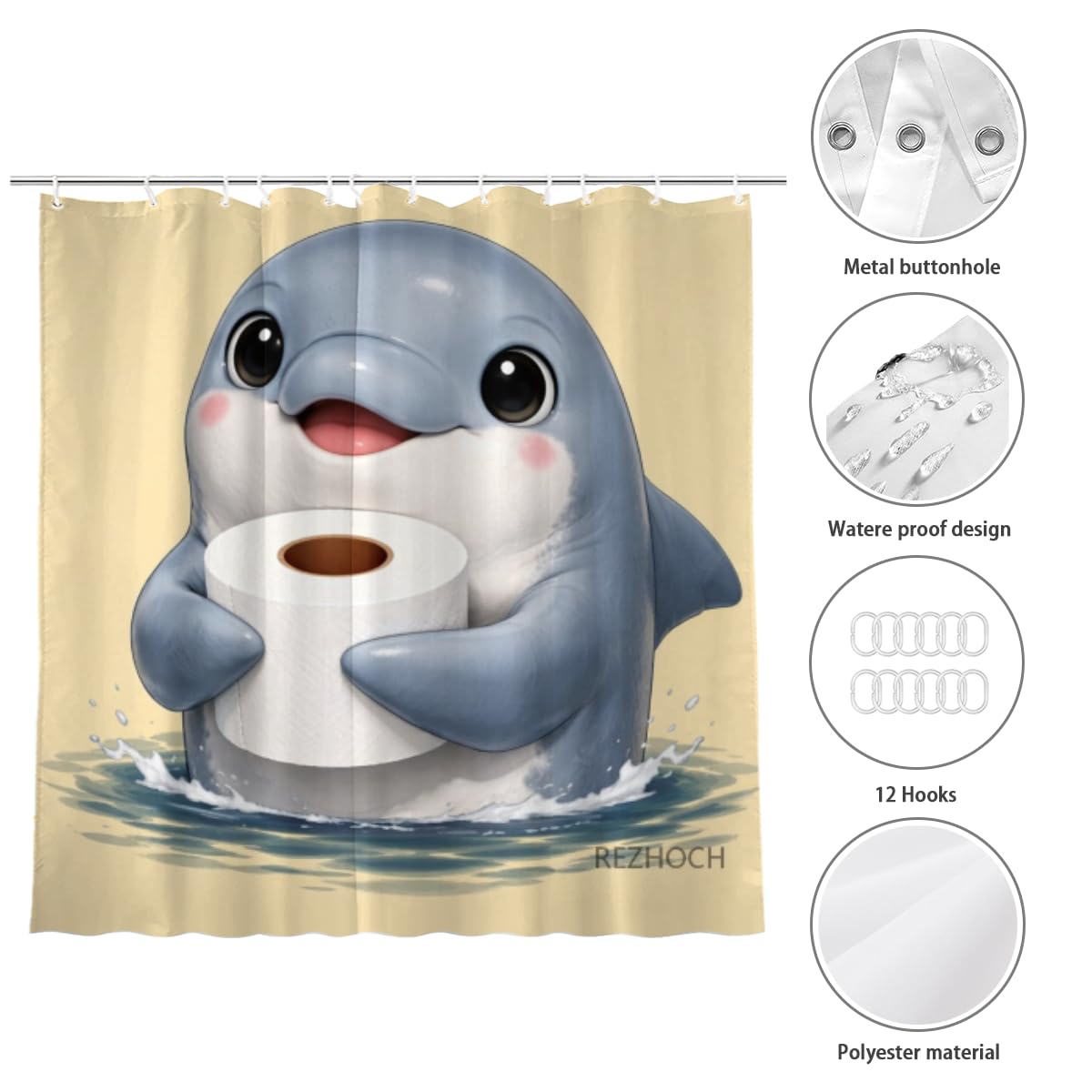 REZHOCH Funny Dolphin Shower Curtain 72x72 Inch,Cute Animal Holding Toilet Paper,Humor Art Home Bathroom Farmhouse Decor,Waterproof Fabric Bath Curtain Set with 12 Hooks
