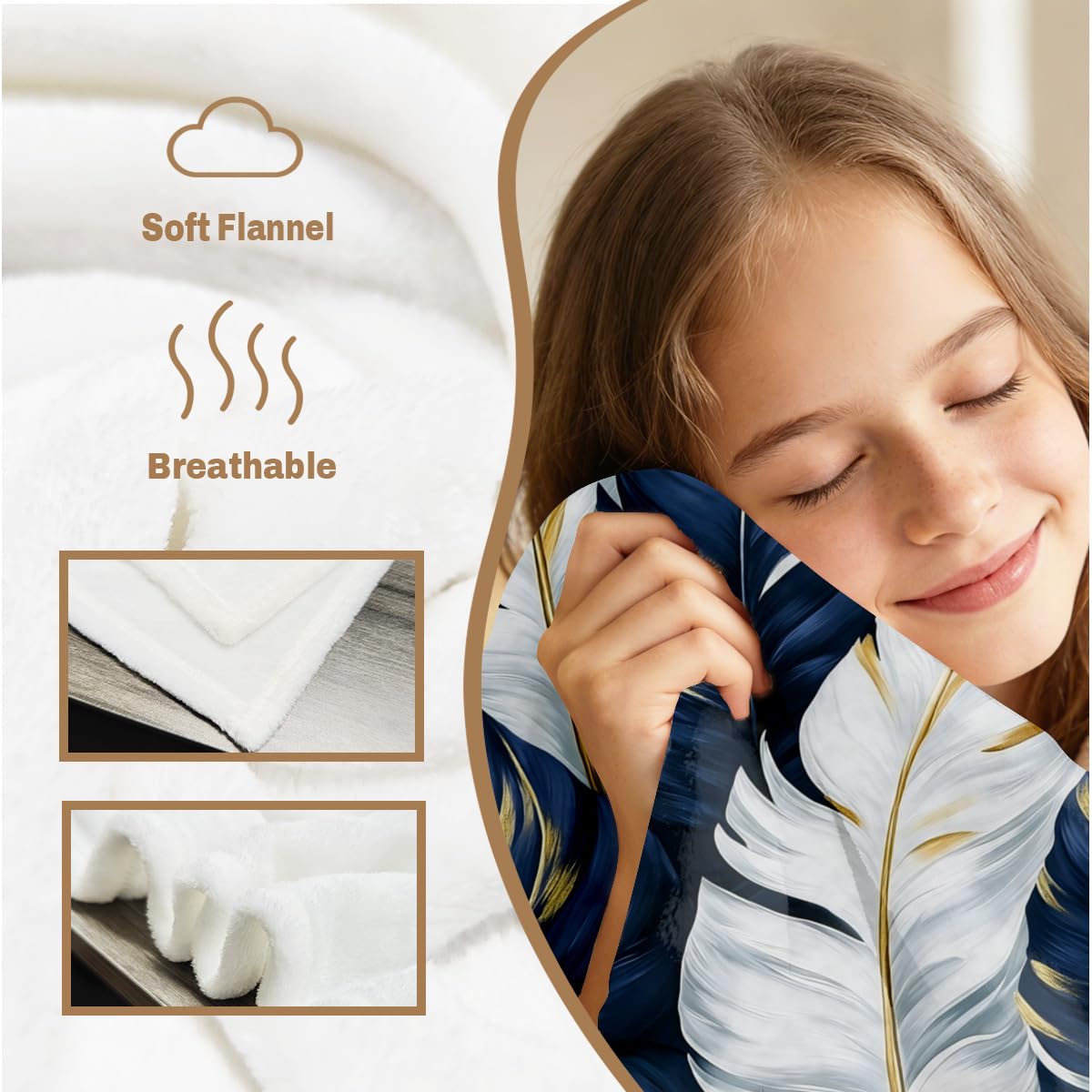 HUNXIAOJ Tropical Blankets and Throws Tropical Plant Blanket for Couch Bed Room Home Decor Tropic Leaf Throws Blue Gold Botanical Decor Flannel Gifts for Women Adults Kids 49"x59"