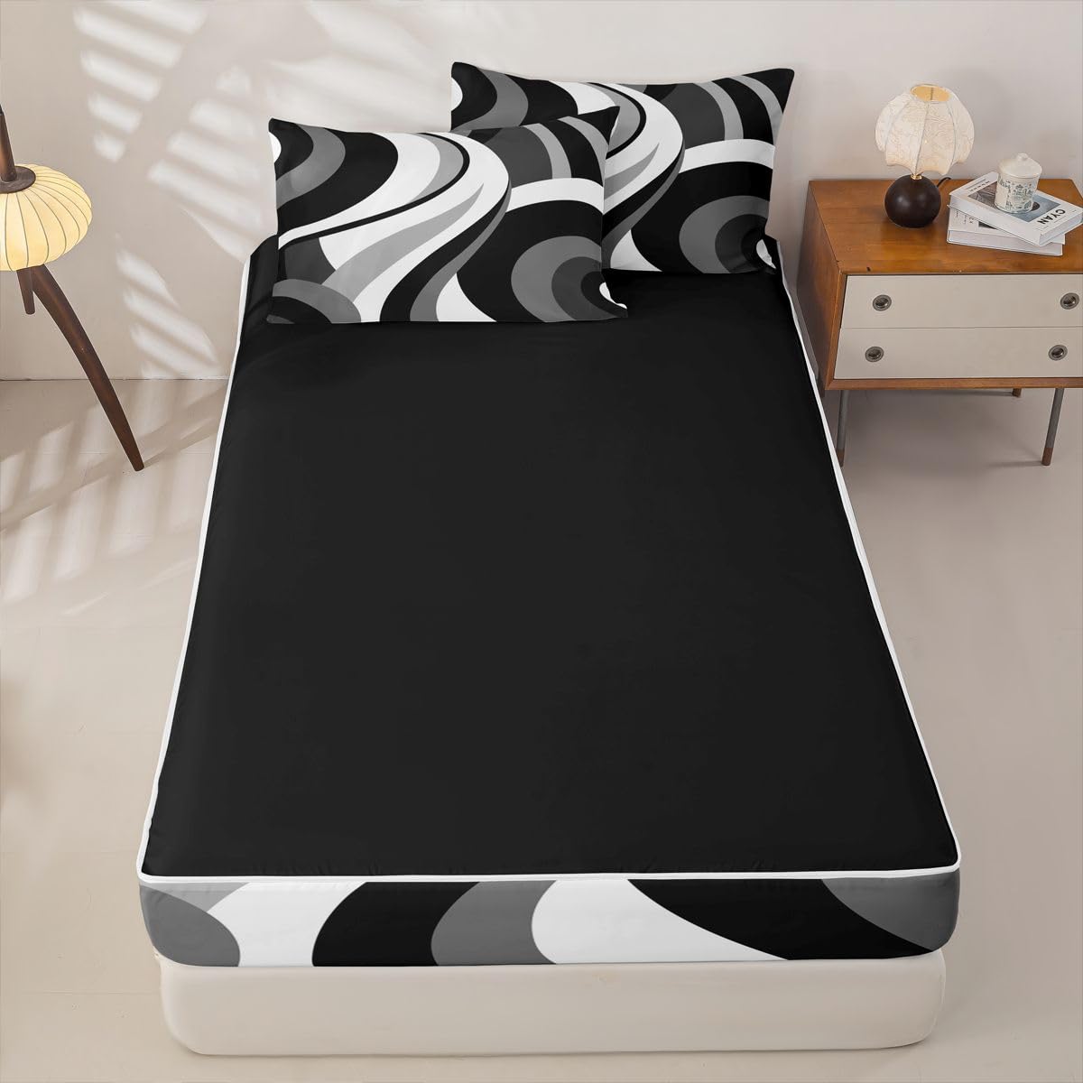 Erosebridal Gray Black White Spiral Zipper Comforter Set Twin for Adult Women Men Modern Swirls Stripes Abstract Bedding Set for Boho Bed in a Bag Graffiti Art Lines Zippered Quilt Fitted Sheet