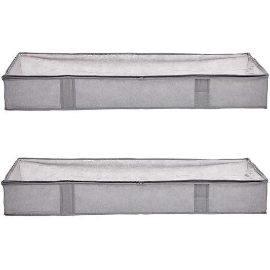 Amazon Basics Under Bed Storage Bags for Clothes and Blankets, Foldable Fabric Zipper Container with Clear Window and Reinforced Handles, Space Saving, 18 x 42 x 6 inches, Gray, 2-Pack