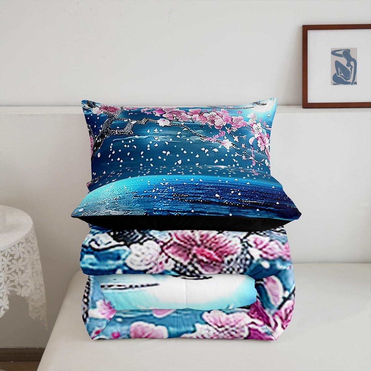 Manfei Lake Landscape Twin Size Comforter Set,Pink Blossom Flower Quilt Set Soft Bed Collection,Moon Night Bedding Comforter for Boys Girls Room Decor,2 Pcs