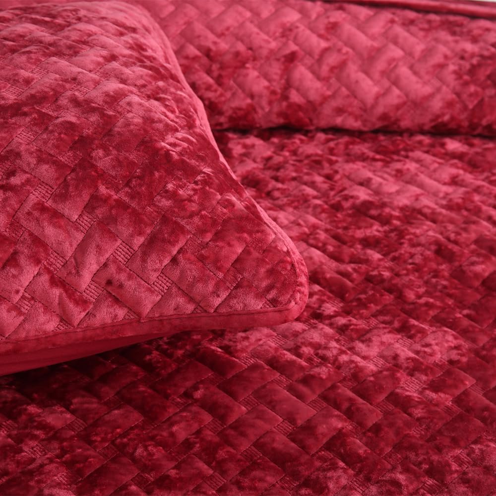 Liians Velvet Bedspread Quilt Bedding Sets,Luxury Elegant Ultra Soft Velvet Comforters Coverlet Blankets,Weave Stitching Pattern Cotton Quilted Bedspread for All Seasons,Red,King Size