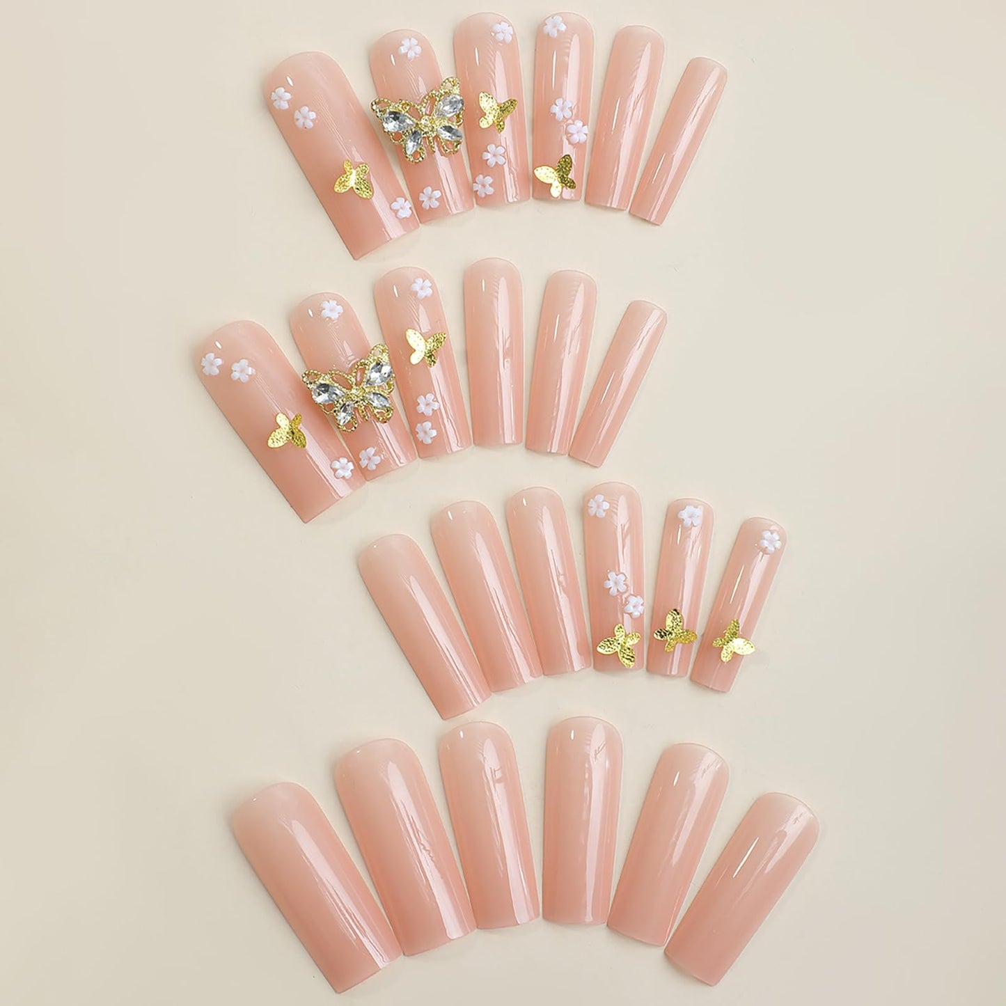RTKHFZE Press on Nails Long Square Fake Nails Pink Acrylic Nails with Flower Rhinestones And 3D Butterfly Designs False Nails Full Cover Stick on Nail Glitter Artificial Nail for Women Manicure