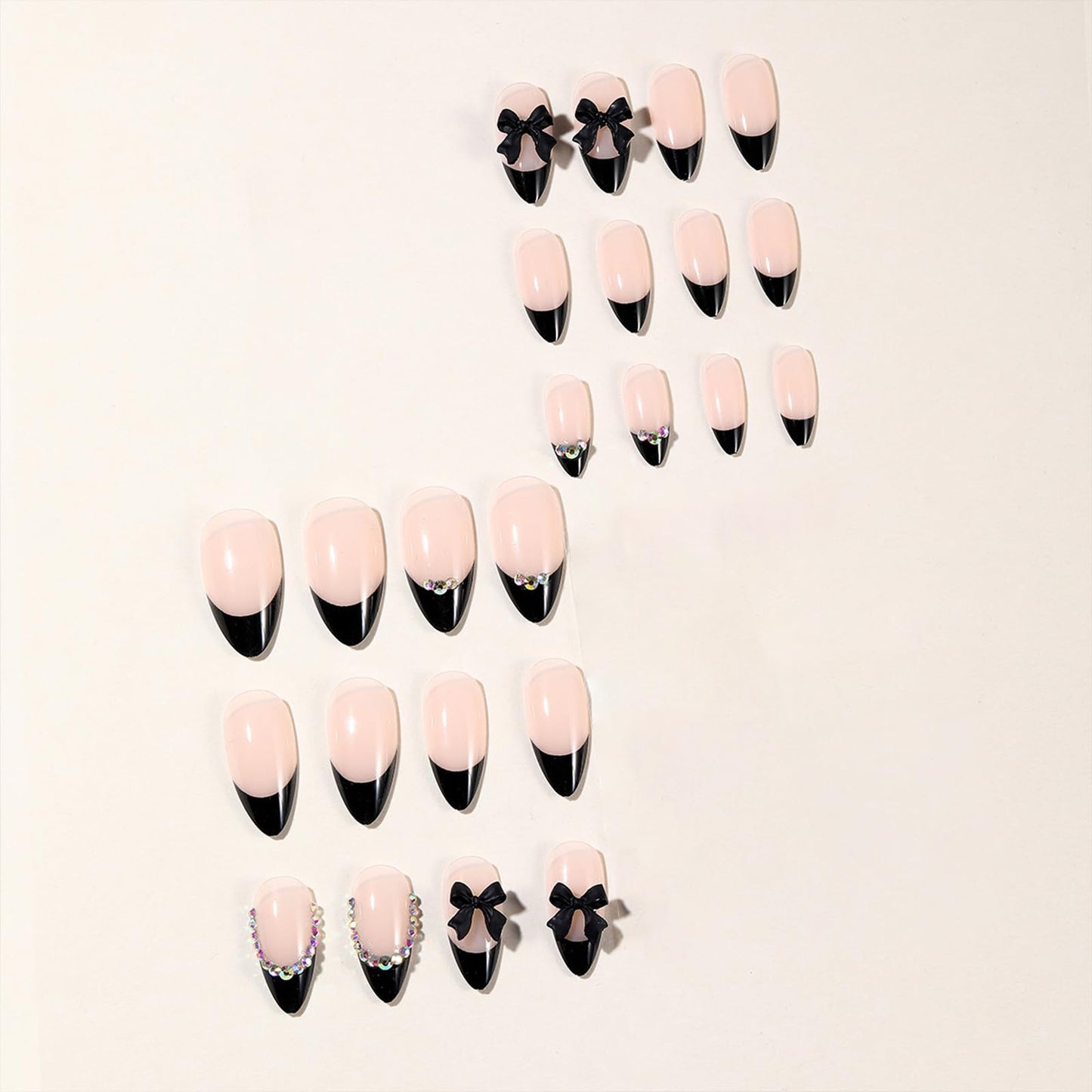 SINHOT Almond Press on Nails - Medium Fake Nails, Glossy Finish, 3D Black Bow & Rhinestones, DIY Artificial False Nail Art - 24 Pcs Nail Kit with Glue