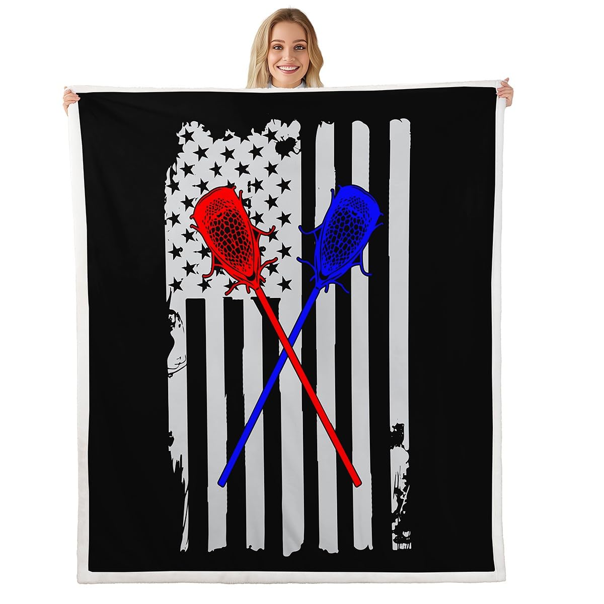 Lacrosse Sherpa Fleece Throw Blanket - American Flag Plush Blanket for Bed, Sofa, Couch - 40"x50" - Sports Games & Hockey Player Decor