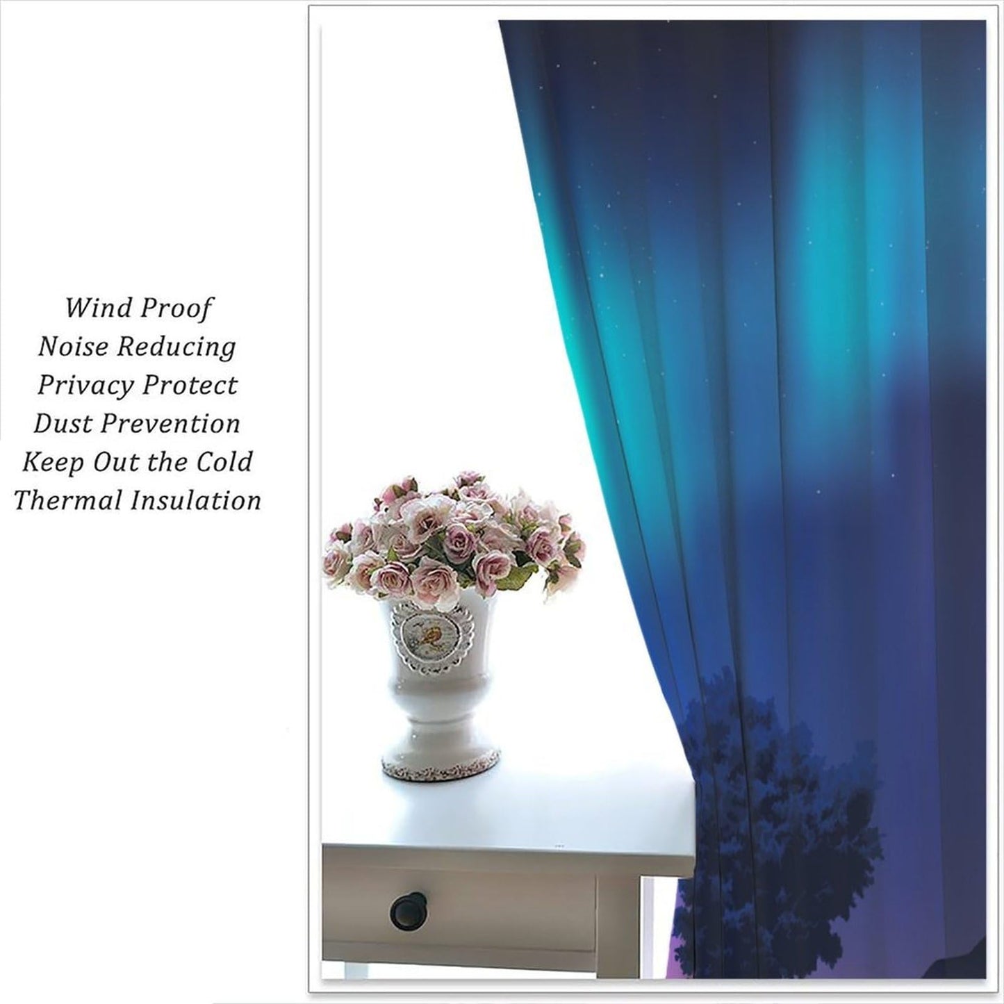 GoDazzling Night Nature Landscape Curtains, Blue Pink Northern Lights Night Tree Under Starry Sky Rod Pocket Window Drapes, for Bedroom Living Room 41" W X 45" L (No Blackout)