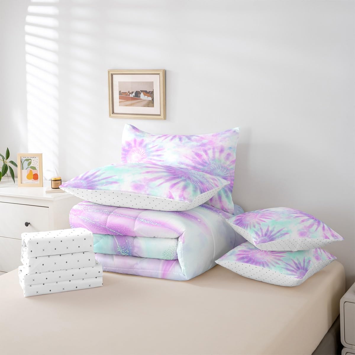 Erosebridal Tie Dye Queen Comforter Set, Purple 7-Piece Bed in A Bag, Setspiral Swirl Vortex Sheets and Pillowcases, Gypsy Girly Style Bed Sets