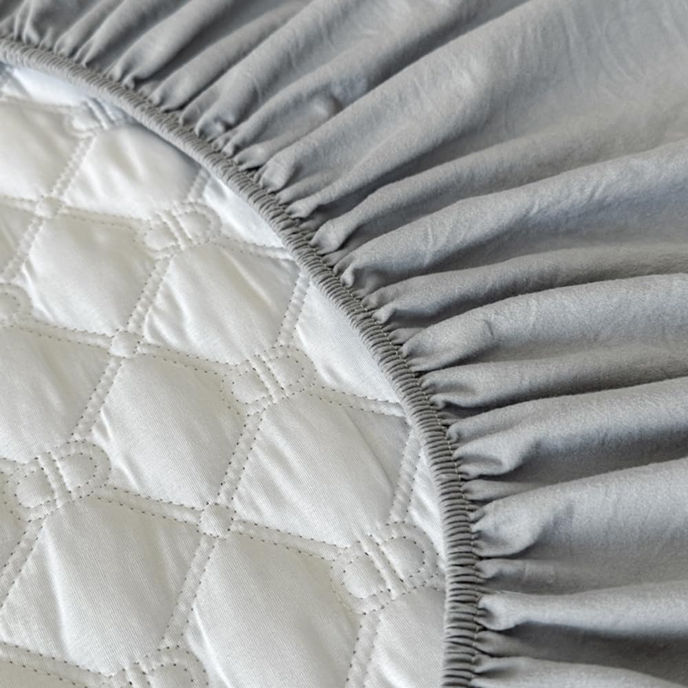 ZIQINPSQ Gingham Fitted Sheet Full Size - 18" Deep Pocket Cotton Quilted, Non-Slip Skincare Bed Sheet,Light Grey