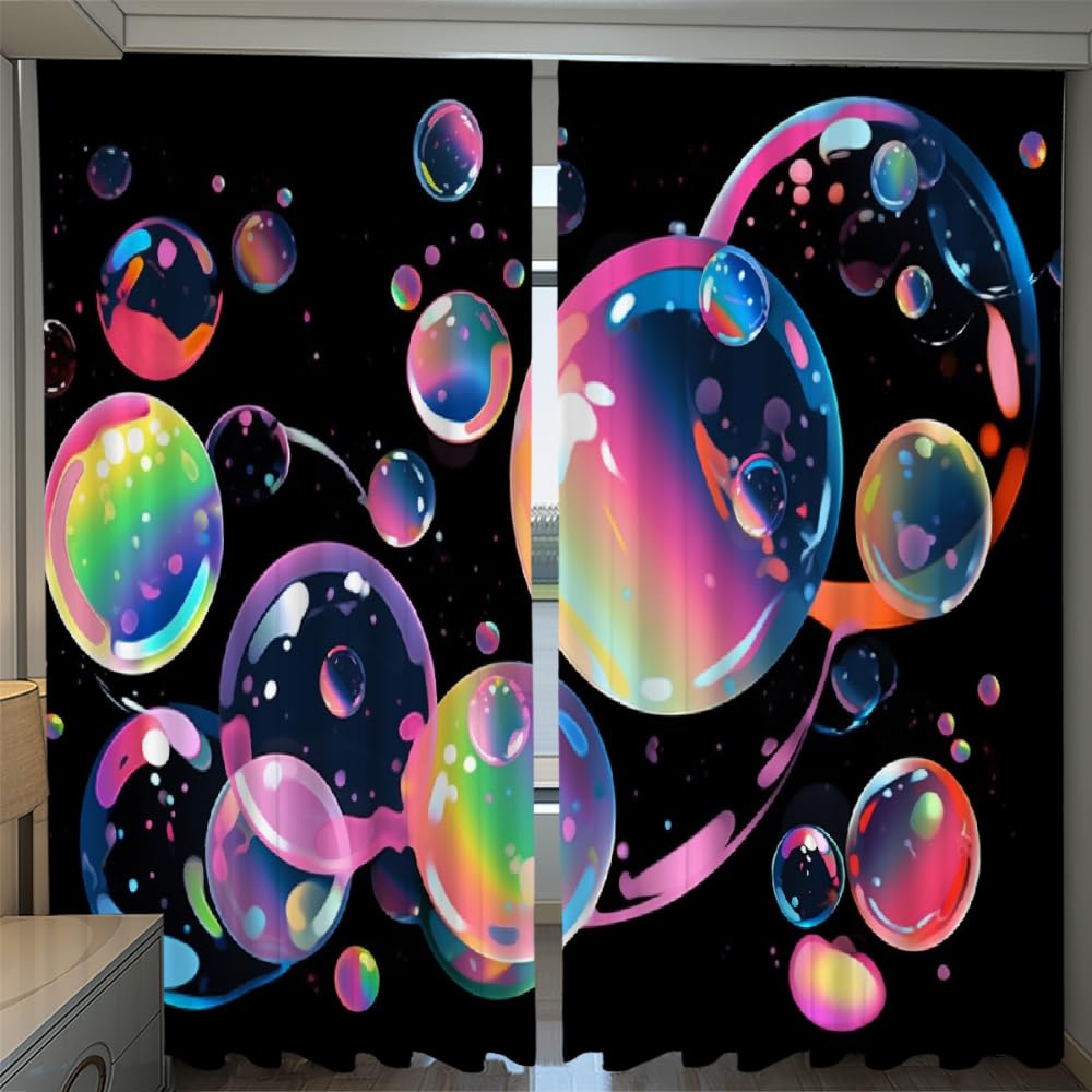 Colorful Bright Bubbles Blackout Curtains, Black Background 3D Print Thermal Insulated Drapes, 2 Panels Energy Efficient Curtains for Sliding Glass Door Bedroom Living Room(42" W x 63 "L)
