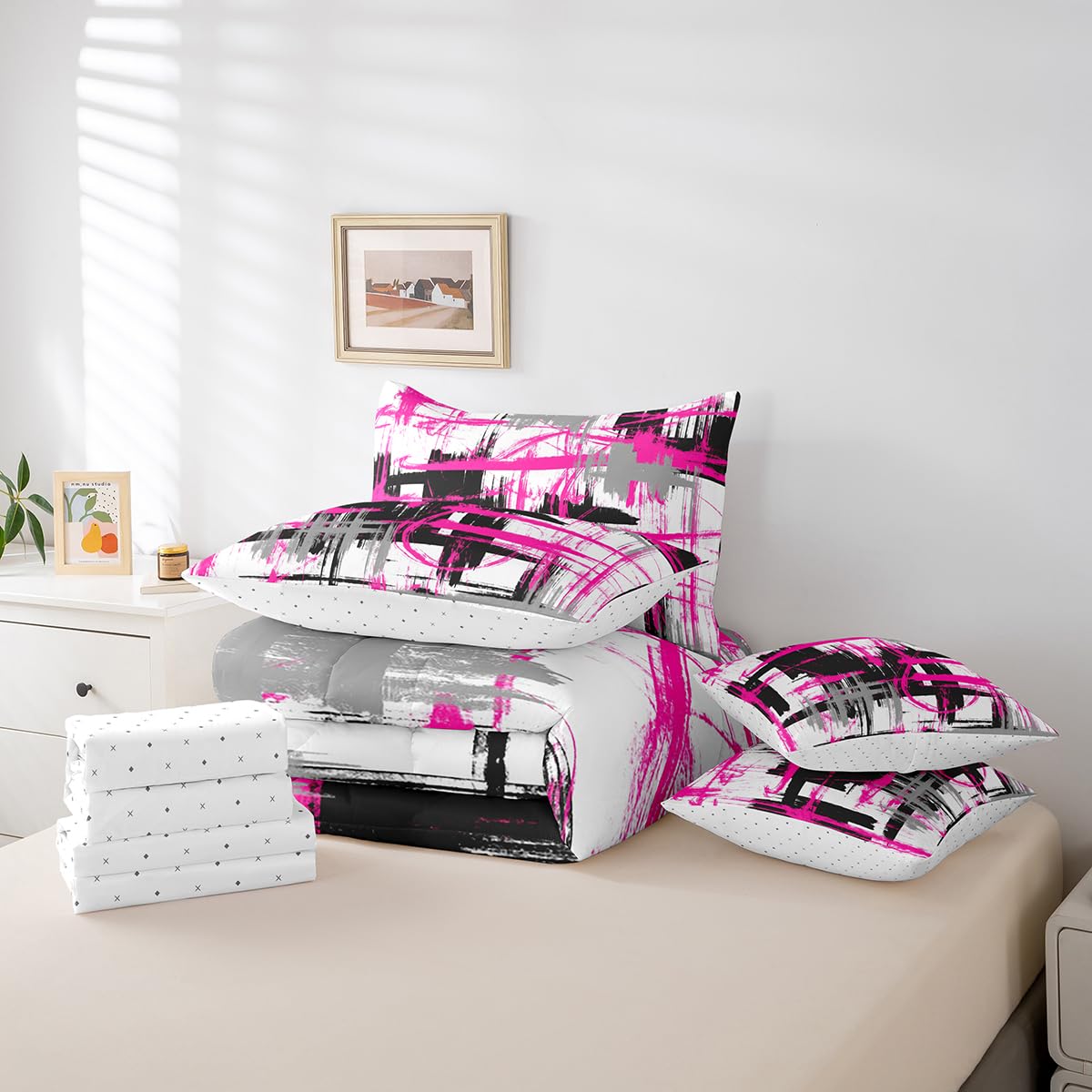 Feelyou Rose Pink Grey Black Comforter Set Queen Size Kids Abstract Art Comforter for Boys Modern Striped Art 7 Pieces Bedding Set Geometric Duvet Set Room Decor Quilt Set
