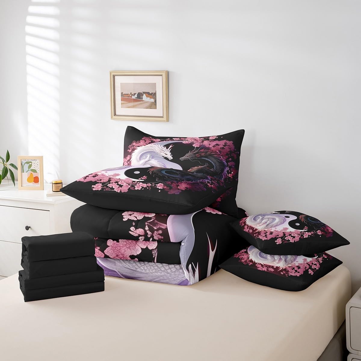 Feelyou Dragon Bedding Set Queen Size Yin Yang Comforter Set 7 Pieces Cherry Blossoms 3D Dragon Ancient Wildlife Couple Lover Bed in a Bag for Romantic Bed Set with Comforter, Sheet Set, Pillowcases