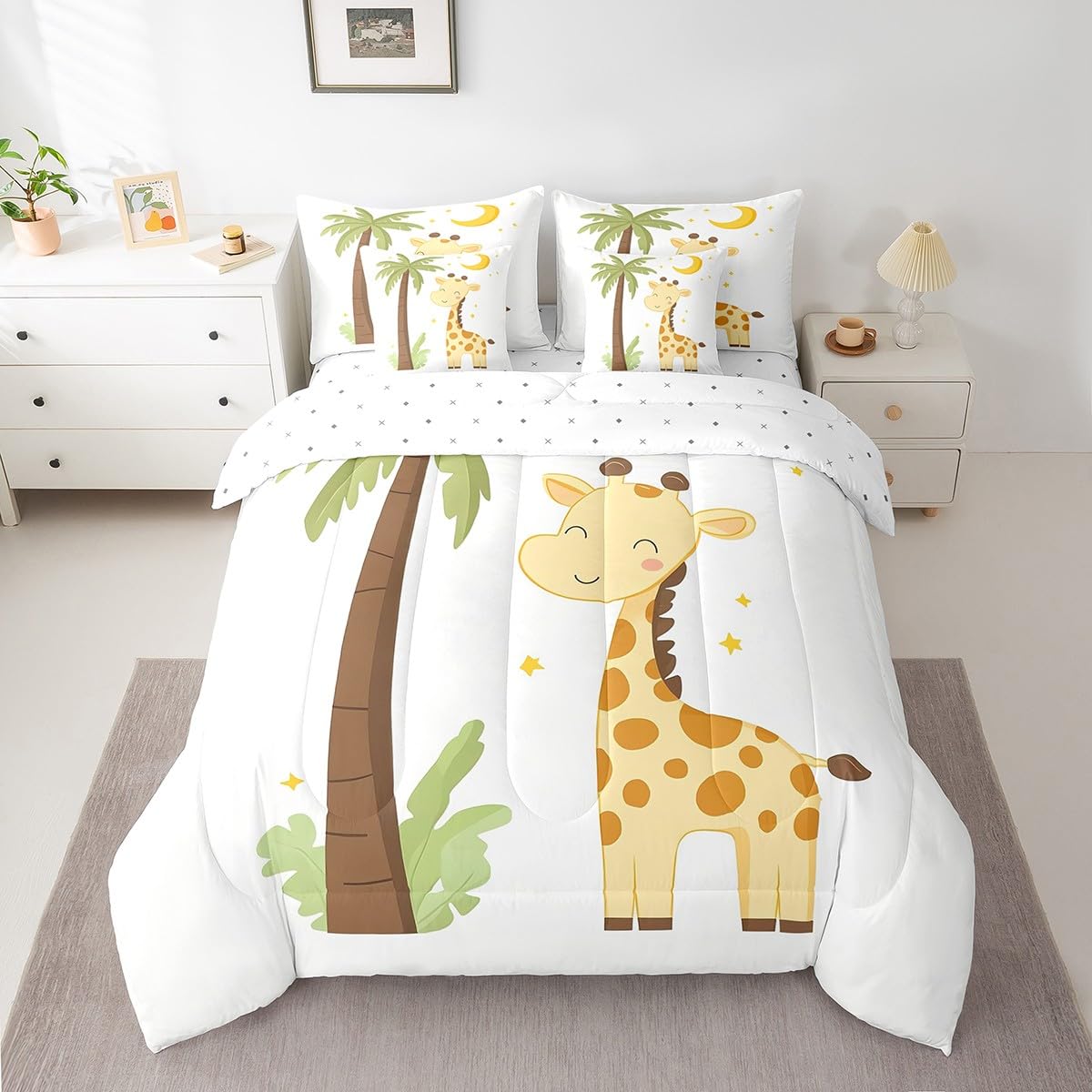 Erosebridal Kawaii Giraffe Twin Size Comforter Set with Sheets Kids | Cartoon Safari Wild Print 7-Piece Bedding Set Watercolor Green Eucalyptus Bed in a Bag African Jungle Animal Bed Quilt Sets