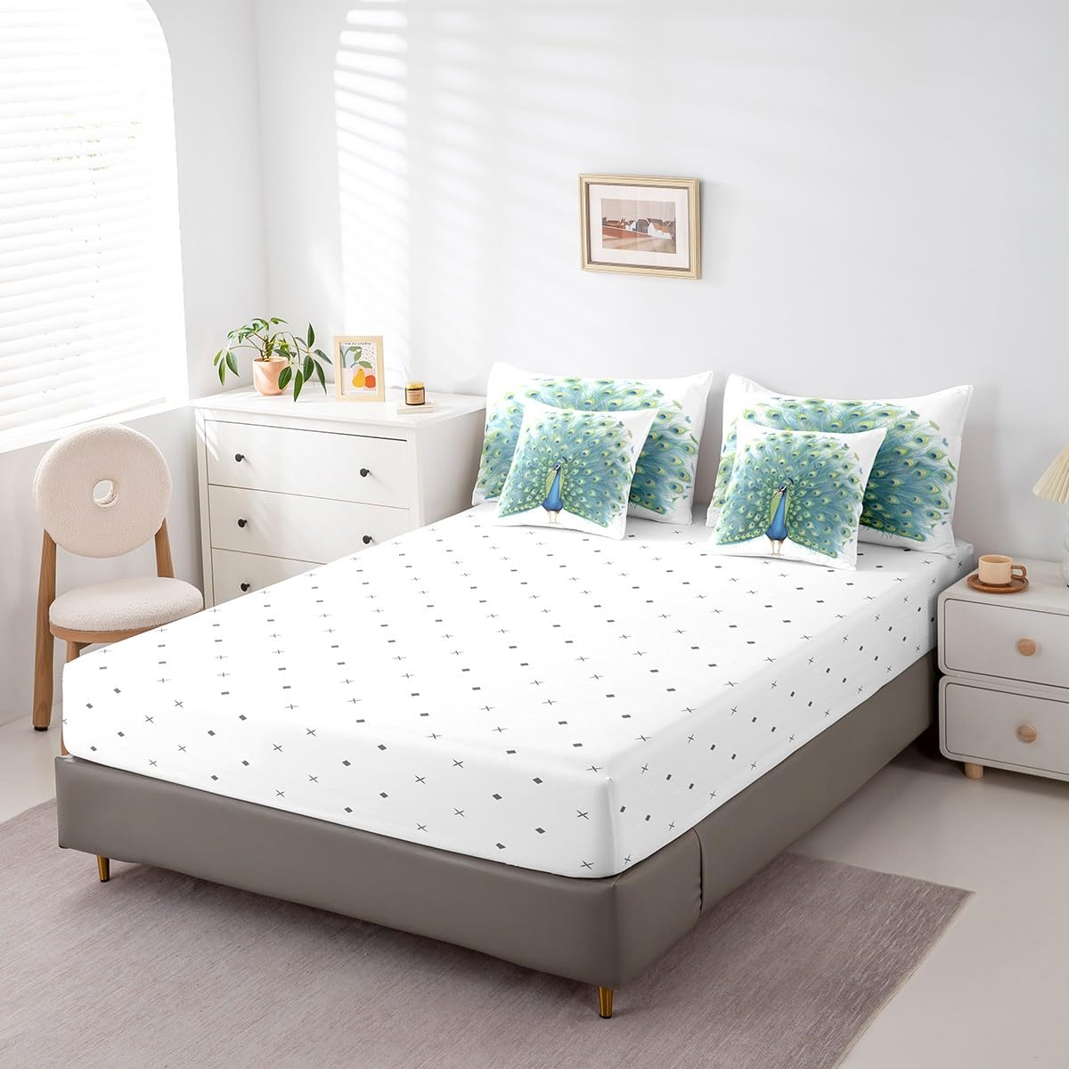 Erosebridal Peacock Comforter Set 7 Piece Bed in a Bag Twin,Watercolor Feather Bedding Sets Rustic Aesthetic Peahen Peafowl Comforter and Sheet Set,Wild Animals Bed Set