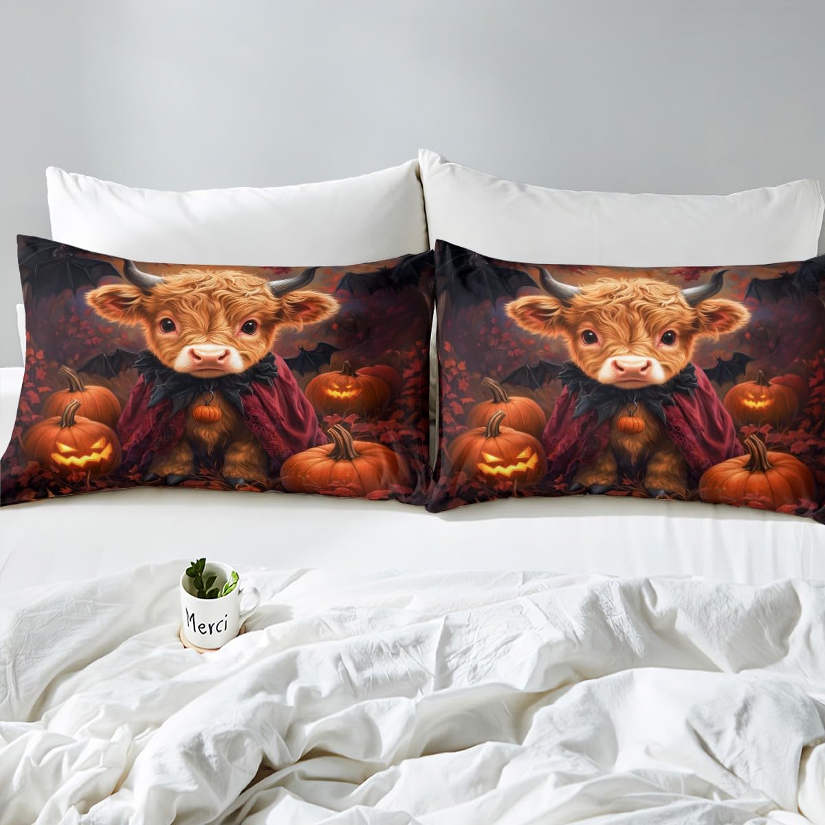 Erosebridal Cow Bed Set Farm Animal Bed Sheets Set Autumn Harvest Pumpkin Flat Fitted Sheet for Kids Adults Men Women, Halloween Orange Bedding Sets for Bedroom Decor Full with 2 Pillow Cases