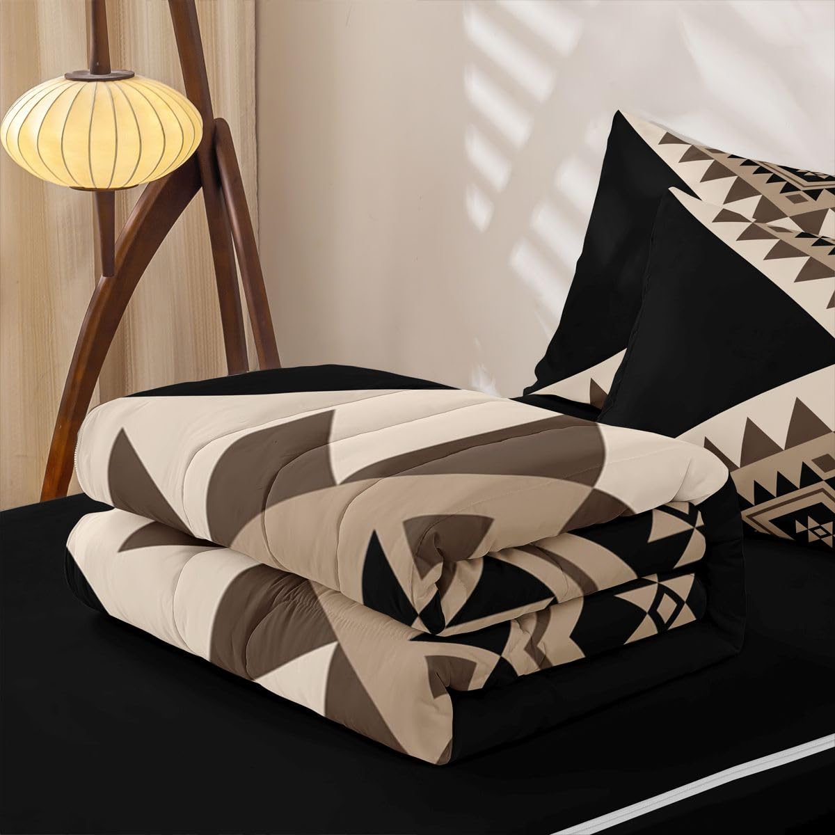 Erosebridal Black Beige Abstract Zipper Bedding Set Twin Modern Boho Western Aztec Zipper Comforter Set with Sheets Stripes Bed in a Bag Minimalist Stylish Art Southwestern Bed Sets with 2 Pillowcases