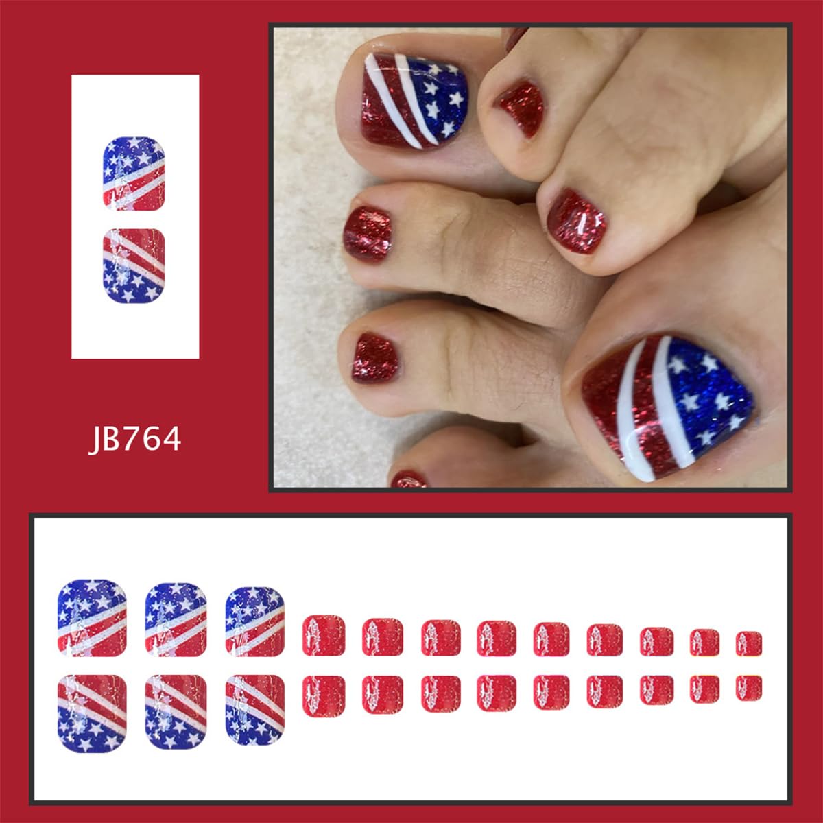 Independence Day Press on Toenails Short Square Fake Toe Nails Glitter Red Acrylic Toe Nails Full Cover American Flag Designs 4th of July Press Ons Artificial False Toenails for Women and Girls 24Pcs