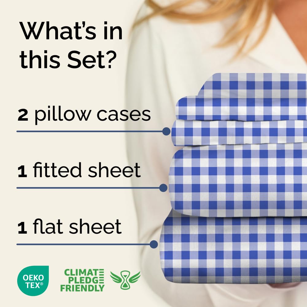 Blue Gingham Sheets - 1 Flat & 1 Fitted Sheet & 2 Pillowcases w/ Deep Pockets - Grid, Plaid, Checkered Pattern Bed Set - Comfy, Wrinkle & Fade Resistant - Ultra-Soft, Breathable & Cooling - Full Size
