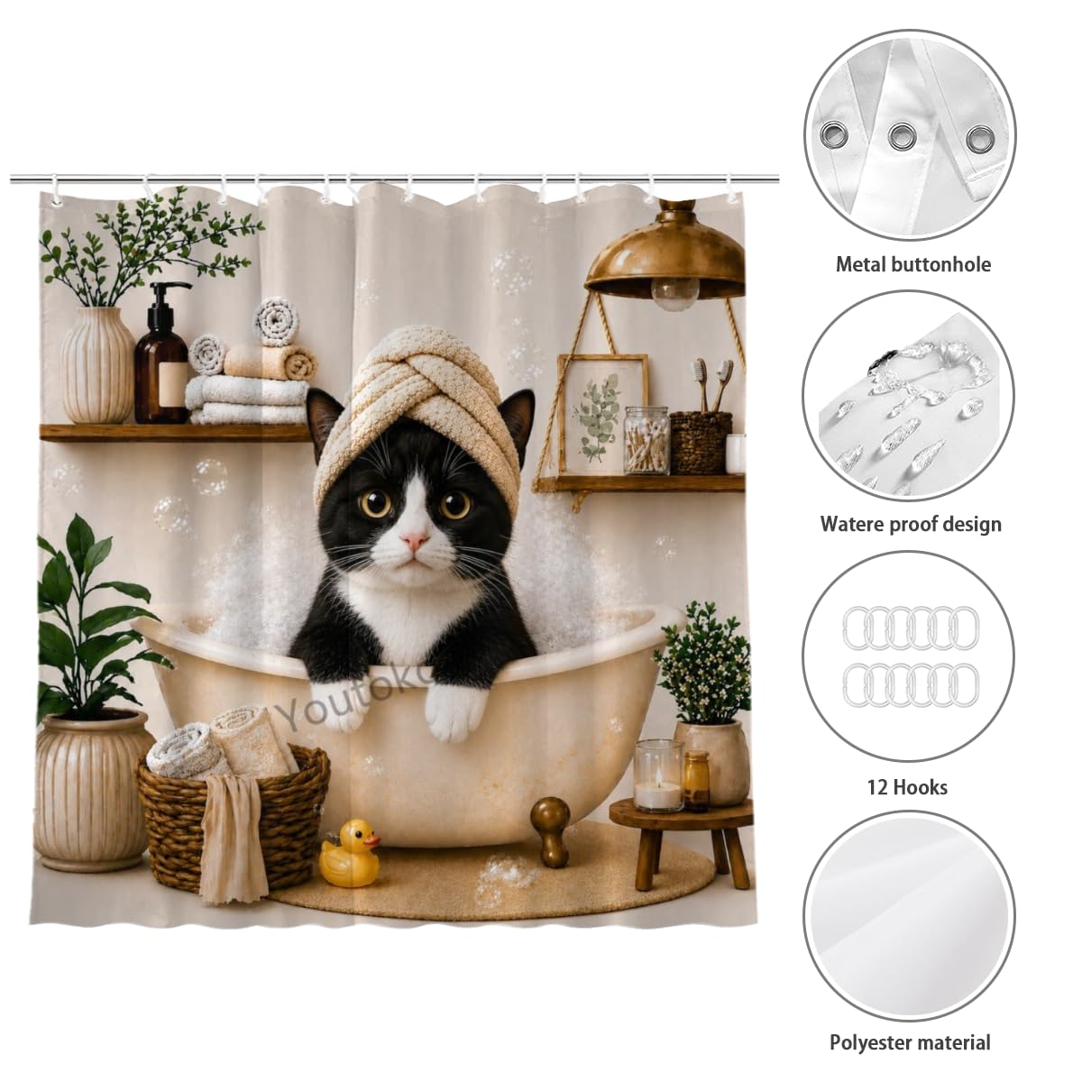 Youtoko Funny Tuxedo Cat Shower Curtain Cute Animal Bubble Bath Bathtub with Bubbles Fabric 72x72 with 12 Hooks Waterproof Washable Polyester Bathroom Decor