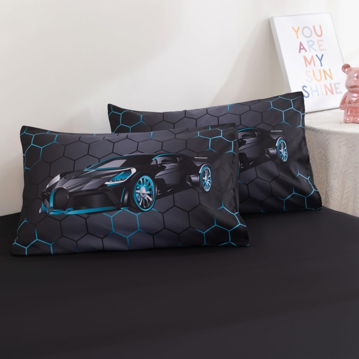 Podol 5 Pieces Race Car Comforter Set Twin Size Blue Sports Car Bedding Sets for Boy 3D Geometric Bed in a Bag with 1 Comforter, 2 Pillowcases, 1 Flat Sheet and 1 Fitted Sheet