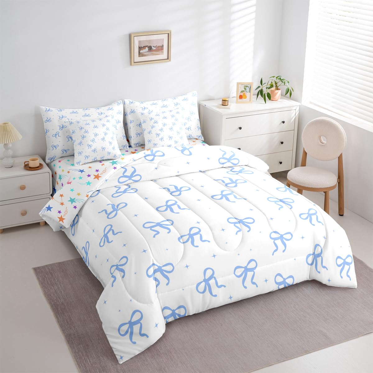 Erosebridal Blue Bow Comforter Set Twin Size (7 Pieces) | Teen Girl Cute Bow Bedding Set with Sheets Girly Trendy Bows Bed in A Bag with Flat and Fitted Sheets Preppy Modern Coquette Quilt Sets