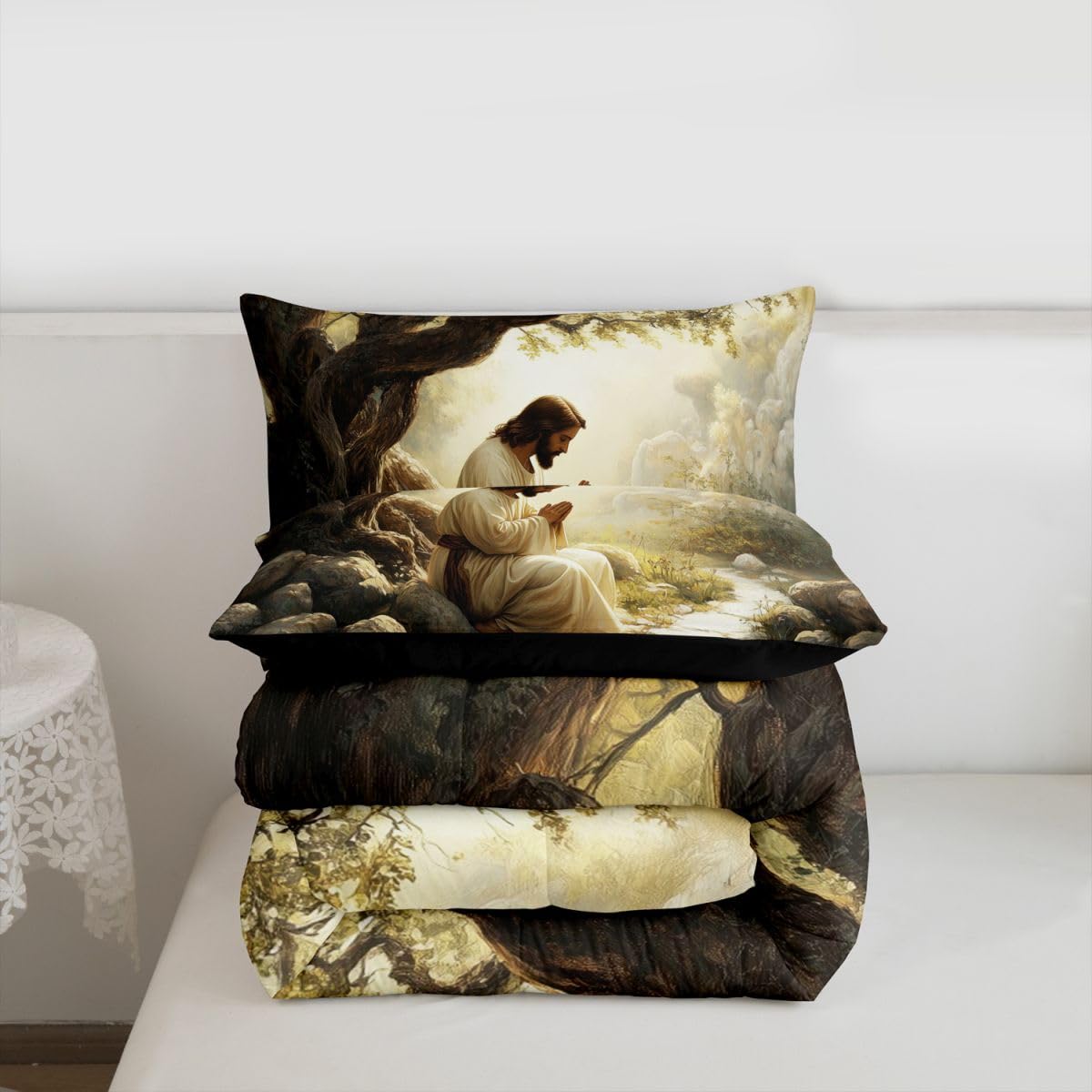God Praying Kids Comforter Set Twin Size,Spiritual Western Bible Verse Bedding Set Boys Girls Room Decor,The Garden Of Gethsemane Quilt Comforter,Gray Yellow Duvet Set Bedroom Quilt Set,1 Pillowcase