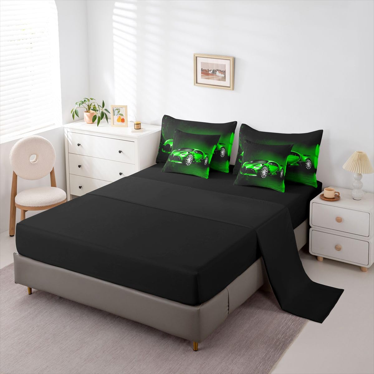 Feelyou Sports Car 7 Piece Bedding Set Green Race Car Comforter Set with Sheets for Kids Boys Girls Extreme Sports Theme Bed in a Bag Cool Speed Luxury Car Decor Bed Set with 2 Pillowcases Queen