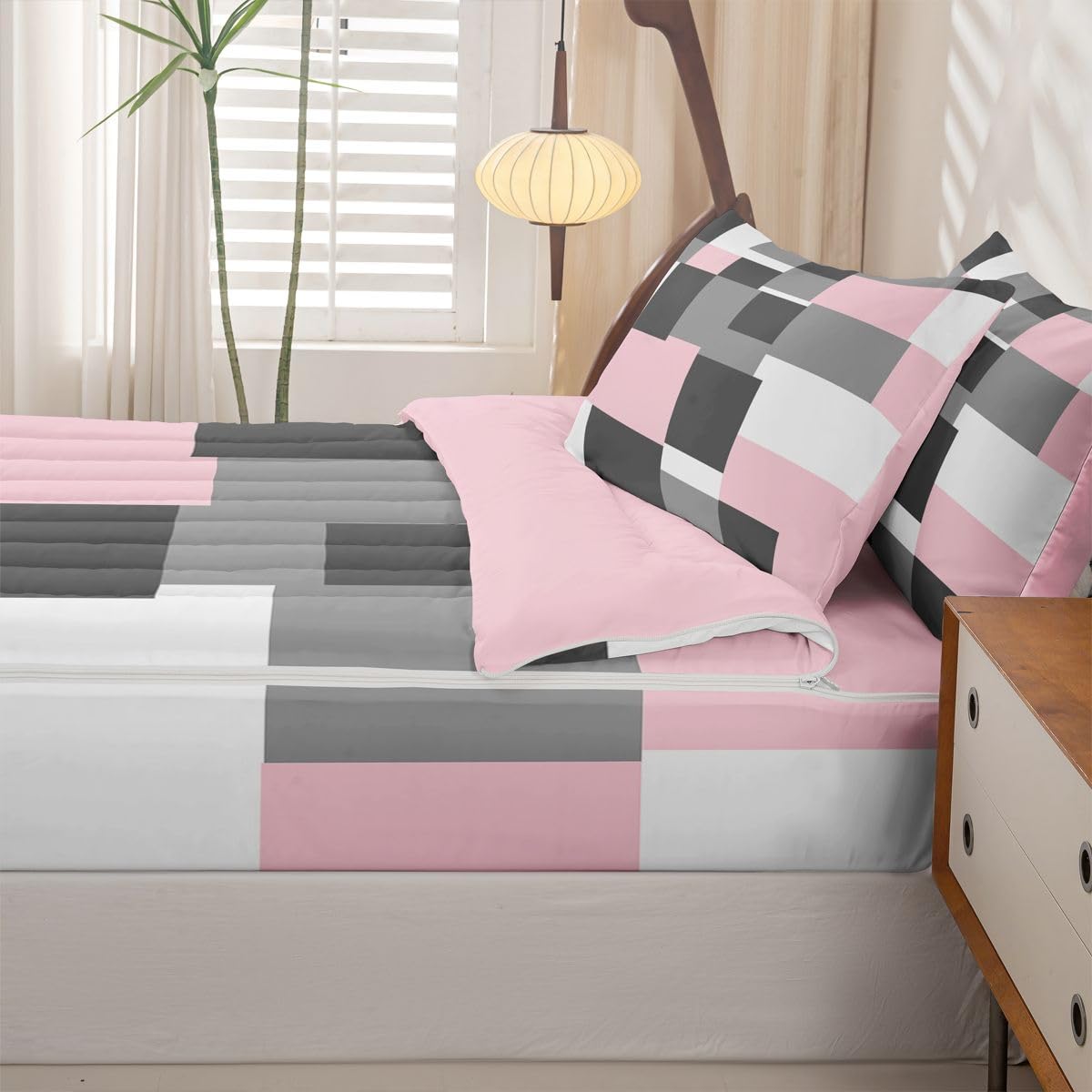 jejeloiu Abstract Zipper Bedding Twin Pink Bedding Sets for Kids Boys Girls Modern Art Comforter Set with Fitted Sheet 2 Pillowcases One Zipper Bed Set for All Seasons