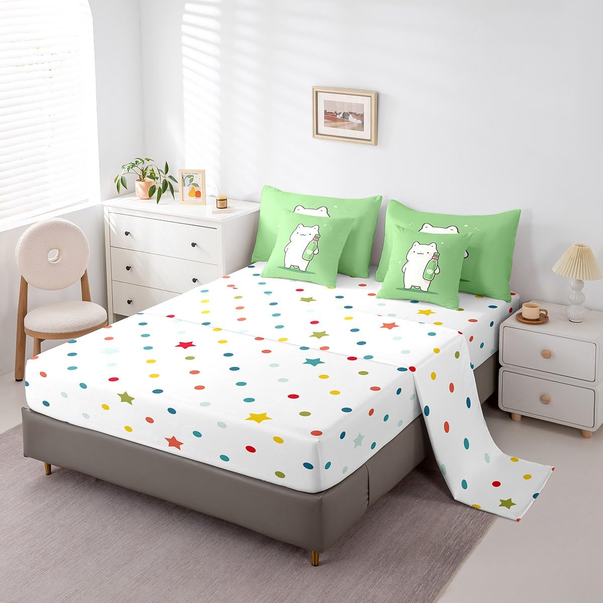 Erosebridal Cartoon White Cat Bedding Set King Size, Kawaii Pet Kitten Comforter Set, Cute Animals Kids Teens (Comforter+Fitted+Flat Sheet+2 Pillowcases+2 Throw Pillow Covers) 7 Pieces Bed Set