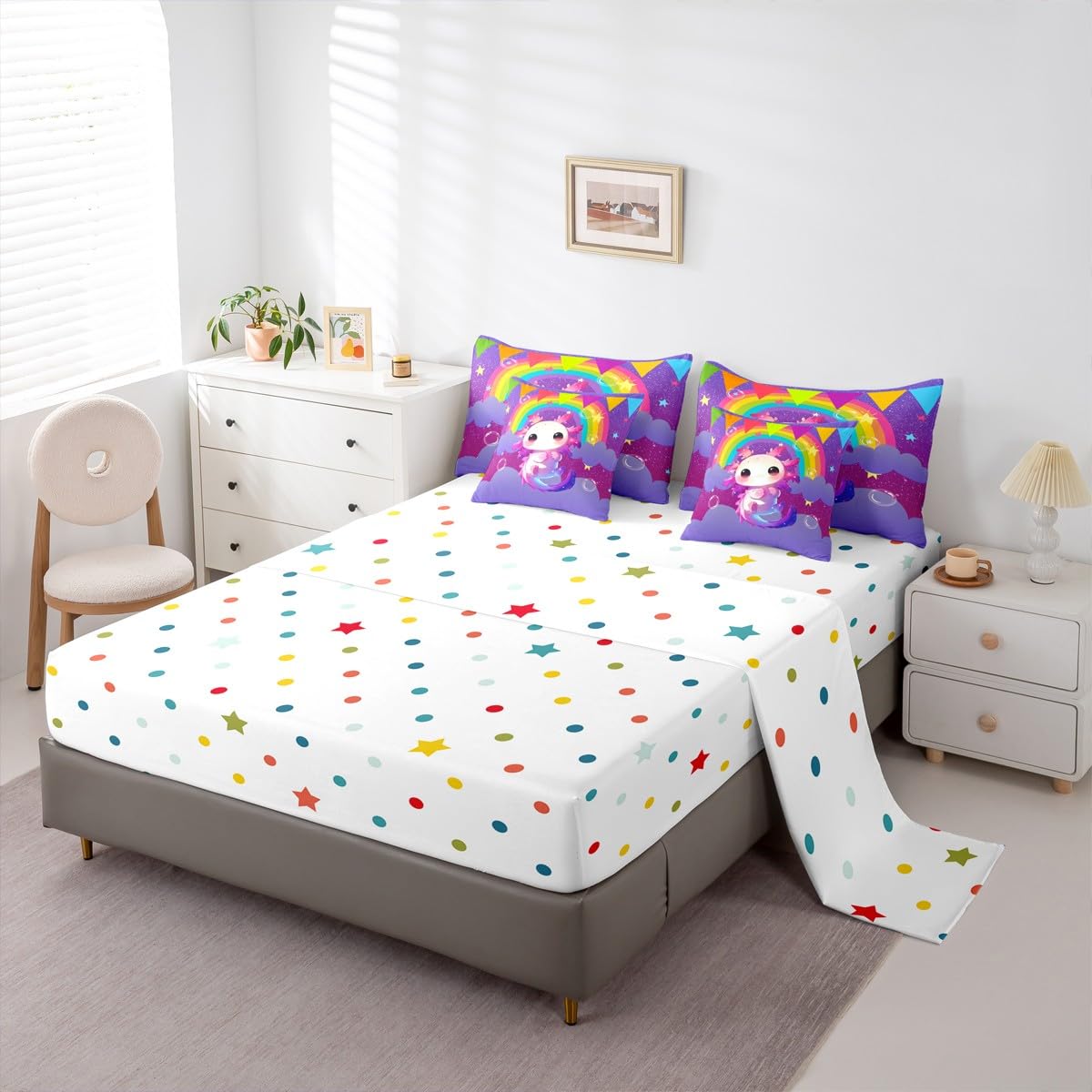 Erosebridal Girls Axolotl Queen Comforter Set Kids Cute Rainbow Axolotl Bed in a Bag with Flat and Fitted Sheet Kids Cartoon Kawaii 7-Piece Bedding Set Galaxy Stars Fantasy Quilt Duvet Sets,Purple