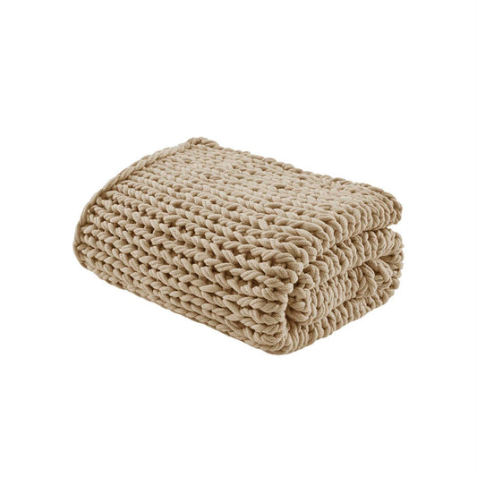 Madison Park Boho Throw Blanket, Soft Blanket Handmade Gift Home Decor, Lightweight & Breathable All Seasons Spring Chunky Knit Blanket, Knitted Throw for Couch, Bed Blanket, 50"x60" Tan